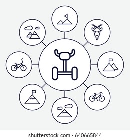 Mountain icons set. set of 9 mountain outline icons such as goat, bicycle