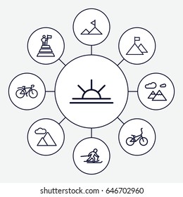 Mountain icons set. set of 9 mountain outline icons such as sun rise, bicycle