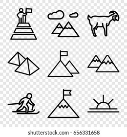 Mountain icons set. set of 9 mountain outline icons such as goat, sun rise