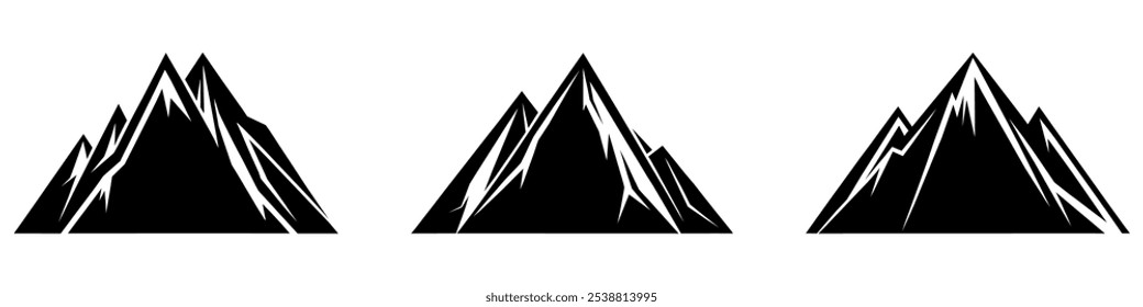  Mountain icons set. Black graphic icon of a majestic mountain range with towering peaks. Vector illustration