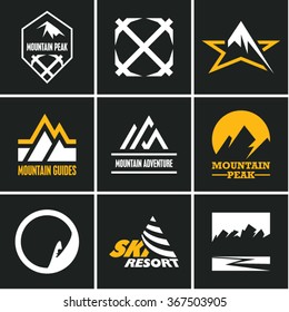 Mountain icons set. Mountain climbing. Climber. Ski Resort labels.