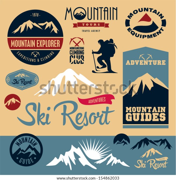 Mountain icons set. Mountain climbing.
Climber. Ski Resort labels
collection.