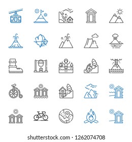 mountain icons set. Collection of mountain with cabin, bonfire, travel, bicycle, cabins, avalanche, landslide, eruption, lake, boots, volcano. Editable and scalable mountain icons.