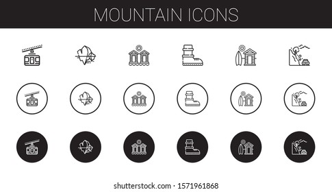 mountain icons set. Collection of mountain with cable car, iceberg, cabins, boots, cabin, landslide. Editable and scalable mountain icons.
