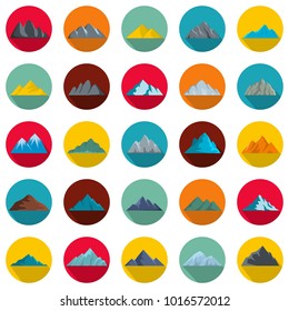 Mountain icons set. Flat illustration of 25 mountain vector icons circle isolated on white