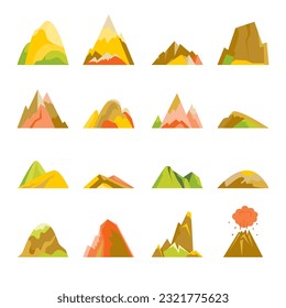 Mountain icons set in flat style. Rock and hill symbols. Vector illustration.