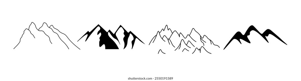 Conjunto de iconos de montaña. Caminata a la cima de una colina alta. Colección de montañas montañosas.Concepto 
turismo.
Ilustración vectorial.