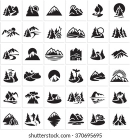 mountain icons set, hills, forest, wood, trees, rivers, lakes, nature landscape icons collection