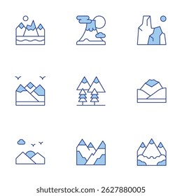 Mountain icons set. Line Duotone style, editable stroke. sunset, mountain
