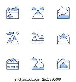 Mountain icons set. Line Duotone style, editable stroke. mountains, mountain, mountain road.