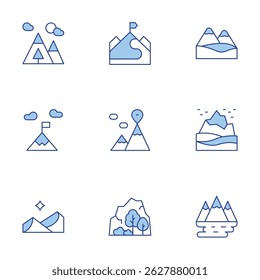 Mountain icons set. Line Duotone style, editable stroke. north star, mountain, trekking, mountain range, national park.