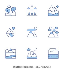 Mountain icons set. Line Duotone style, editable stroke. mountains, mountain, hill