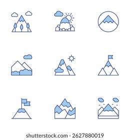 Mountain icons set. Line Duotone style, editable stroke. mountains, mountain, conquer, goal.
