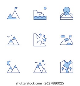 Mountain icons set. Line Duotone style, editable stroke. mountain, mountains, success