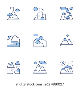 Mountain icons set. Line Duotone style, editable stroke. mountain, mountains, landscape, river