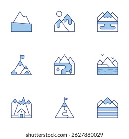 Mountain icons set. Line Duotone style, editable stroke. mountain, goal, mountains, river.