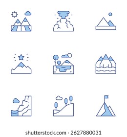 Mountain icons set. Line Duotone style, editable stroke. field, hill, mountainous, goal, volcano
