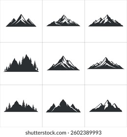 mountain icons set, set of mountain icons. monochrome mountain range illustrations, varying in style and detail. Some include trees, showcasing diverse mountainous landscapes.