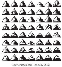 Mountain icons set. mountains of various shapes, icon collection. Line with editable stroke