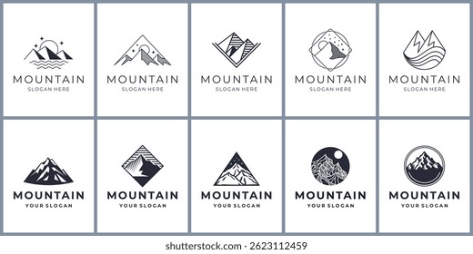 Mountain icons set. mountains of various shapes, icon collection. Line mountain inspiration.