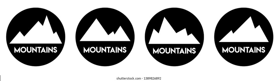 Mountain icons set on white background. Collection of circle logos with mounts. Black and white stickers with mountains. Travel, tourism, climbing, trekking, hiking.