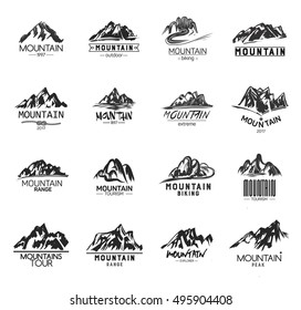 Mountain Icons Set on White Background. Monochrome mountains logos.