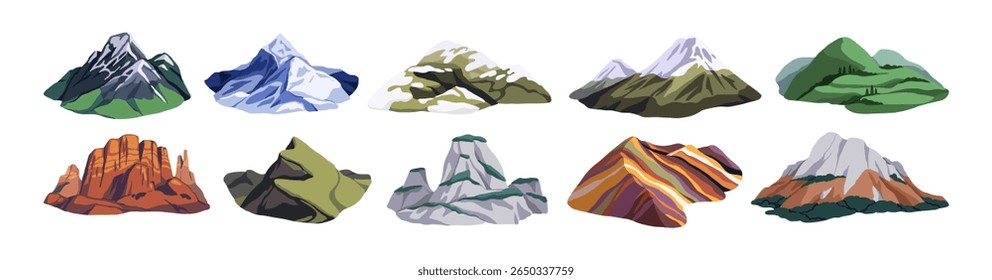 Mountain icons set. Rocky peaks, cliffs, rock ridges, mount tops in snow and grass, hills, alps. High nature landscapes for travel, climbing. Flat vector illustrations isolated on white background