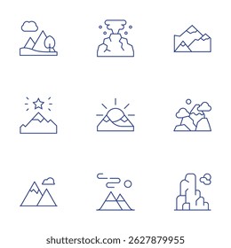 Mountain icons set. Thin Line style, editable stroke. volcano, landscape, mountain, mountains, goal.
