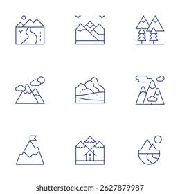 Mountain icons set. Thin Line style, editable stroke. mountain, landscape, river.