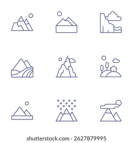 Mountain icons set. Thin Line style, editable stroke. cliff, hill, mountains
