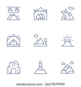 Mountain icons set. Thin Line style, editable stroke. cable car, mountain, mountains, fuji mountain.
