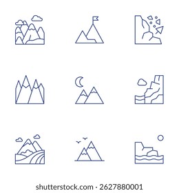 Mountain icons set. Thin Line style, editable stroke. avalanche, mountain, mountains, success, andes.