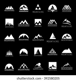 Mountain Icons Set-Isolated On Black Background-Vector Illustration,Graphic Design.For Web, Websites, App, Print, Presentation Templates, Mobile Applications And Promotional Materials. Different Shape