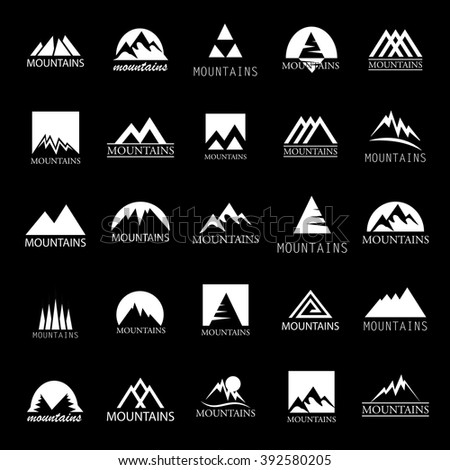 Mountain Icons Set-Isolated On Black Background-Vector Illustration,Graphic Design.For Web, Websites, App, Print, Presentation Templates, Mobile Applications And Promotional Materials. Different Shape