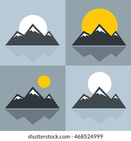 Mountain icons with sun and reflection. Mountain with snowy peak. Vector illustration