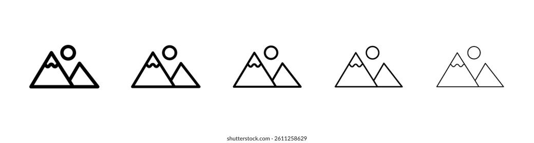 Mountain icons vector set in different stroke line style