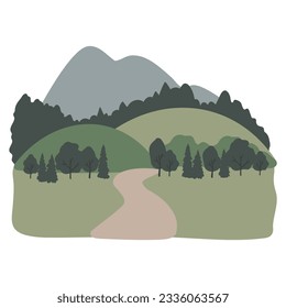 mountain illustration, abstract landscape clipart, vector nature background, travel road trip clip art, forest images flatstyle, simple landscape, outdoor scenery