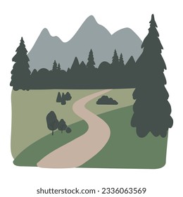 mountain illustration, abstract landscape clipart, vector nature background, travel road trip clip art, forest images flatstyle, simple landscape, outdoor scenery