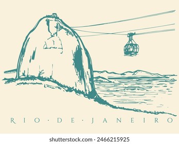 Ilustración de montaña con teleférico en la ciudad de Río de Janeiro, Brasil. Arte en líneas libres y despejadas.