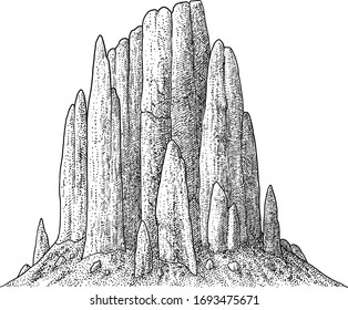 Mountain illustration, drawing, engraving, ink, line art, vector