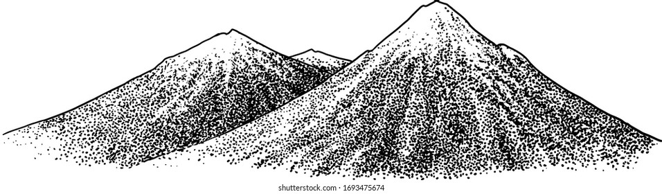 Ilustración de montaña, dibujo, grabado, tinta, arte de línea, vector