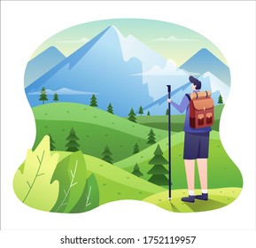 Mountain Illustration, Hiker in Grass Meadow ready for Adventure to the Mountain. This illustration can be use for website, landing page, web, app, and banner.
