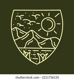 Ilustración de montaña Monoline Vector, insignia de aventura, emblema creativo Diseño para camisetas
