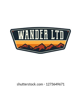 Mountain Illustration, outdoor adventure logo badge. Wander LTD text. Vintage hand drawn camping emblem. Stock vector label isolated on white background.