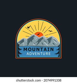 Mountain illustration, outdoor adventure. Vector badge design for t-shirt prints, posters, and other uses.