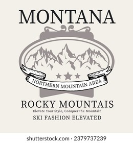 Mountain Illustration Print with Montana Slogan. Hand Drawn Vector Mountain sketch with slogan print. Fashion graphic tee shirt print design.