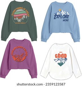 Mountain Illustration Print with Slogan. Set Vector illustration design for fashion graphics, t shirt prints.