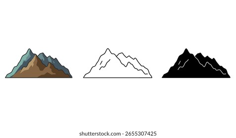 Conjunto de ilustración de montaña con estilos de colores, líneas y siluetas – EPS 10