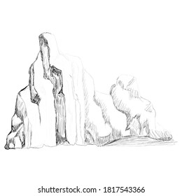 Mountain illustration sketch. Black and white isolated rocky mountain sketch. Landscape element hand drawn vector illustration eps 10. 