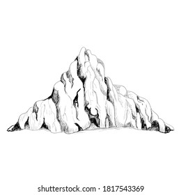 Mountain illustration sketch. Black and white isolated rocky mountain sketch. Landscape element hand drawn vector illustration eps 10. 